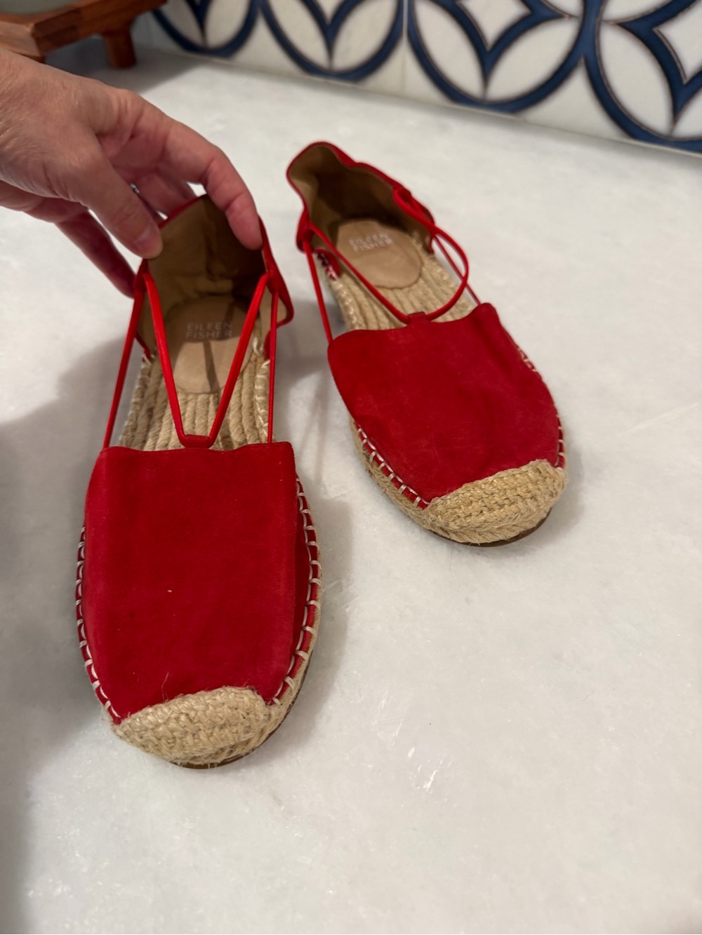 Eileen Fisher Red Suede Espadrille Flats with Ankle Straps
